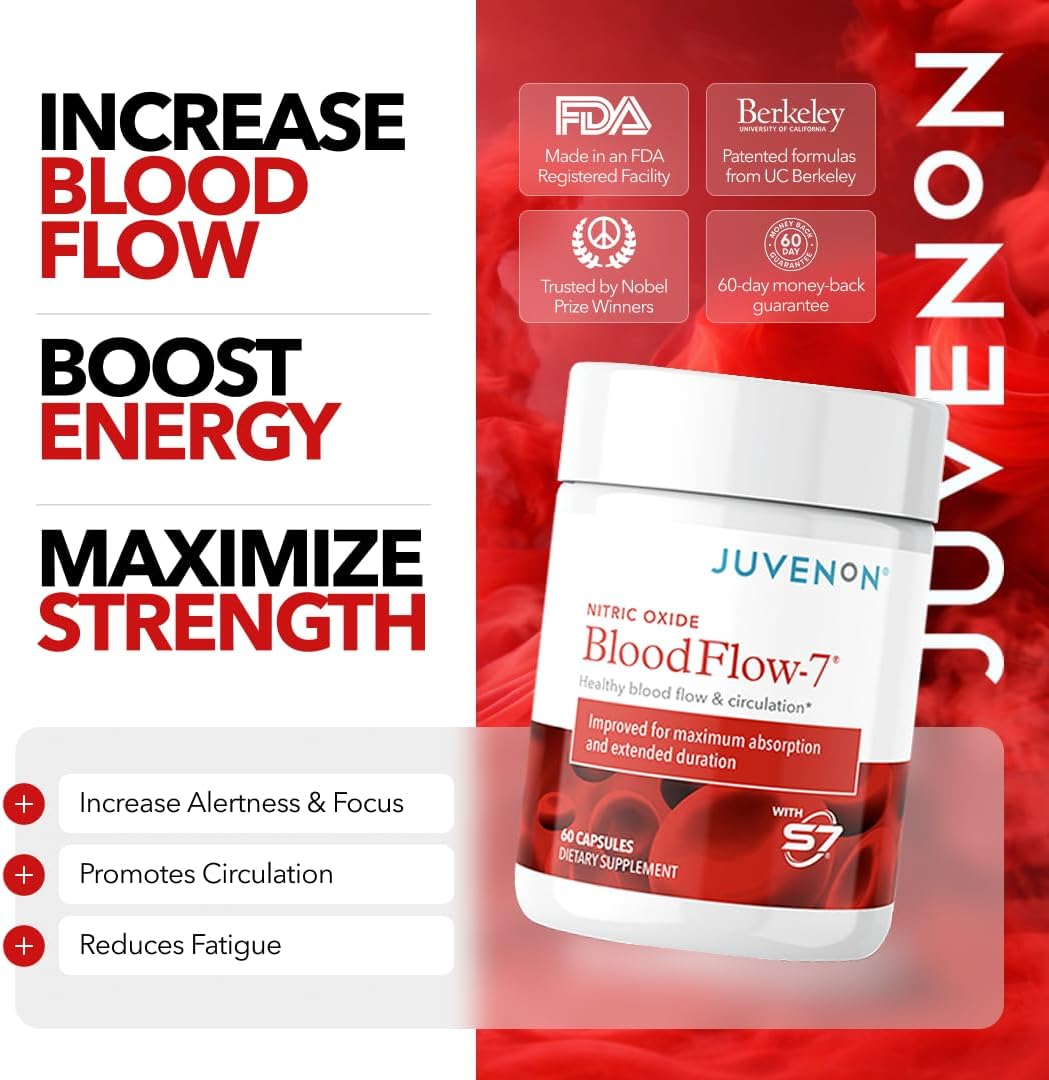 Juvenon Blood Flow-7 supplement bottle with promotional text on a red and white background