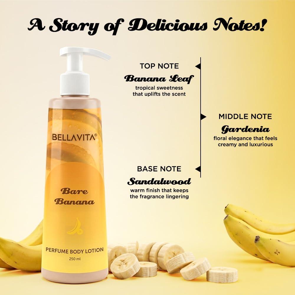 Bellavita Bare Banana perfume body lotion with banana slices and a yellow background