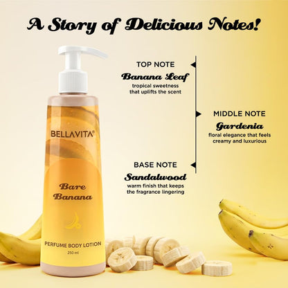 Bellavita Bare Banana perfume body lotion with banana slices and a yellow background