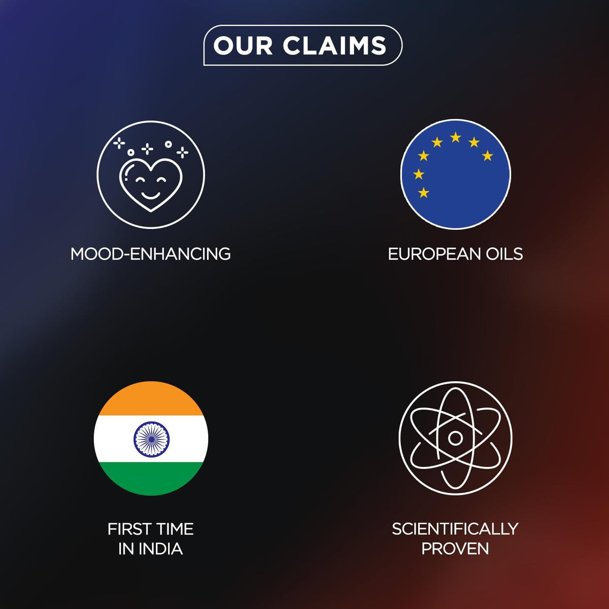 Claims about mood-enhancing, European oils, first-time in India, and scientifically proven on a dark background.