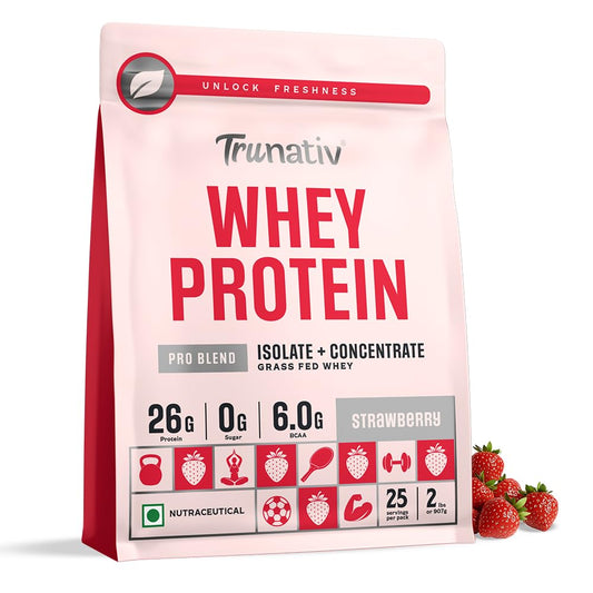 Trunativ Pro Blend Whey Protein Powder Isolate & Concentrate | 100% Light & Clean Protein Powder | 26g Protein | 6g BCAA | 12.52g EAA | No added sugar | Strawberry 2lbs (907g)