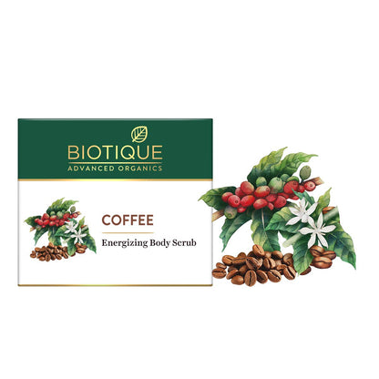 Biotique Coffee Energizing Body Scrub packaging with coffee beans and leaves on a white background