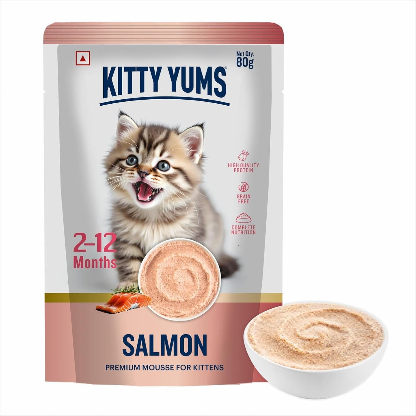 Kitty Yums Kitten Wet Mousse 80g | Salmon | Rich in Protein | Promotes Hydration & Easy to Digest | Grain Free | No Artificial Flavours | Packed with Essential Vitamins & Antioxidants