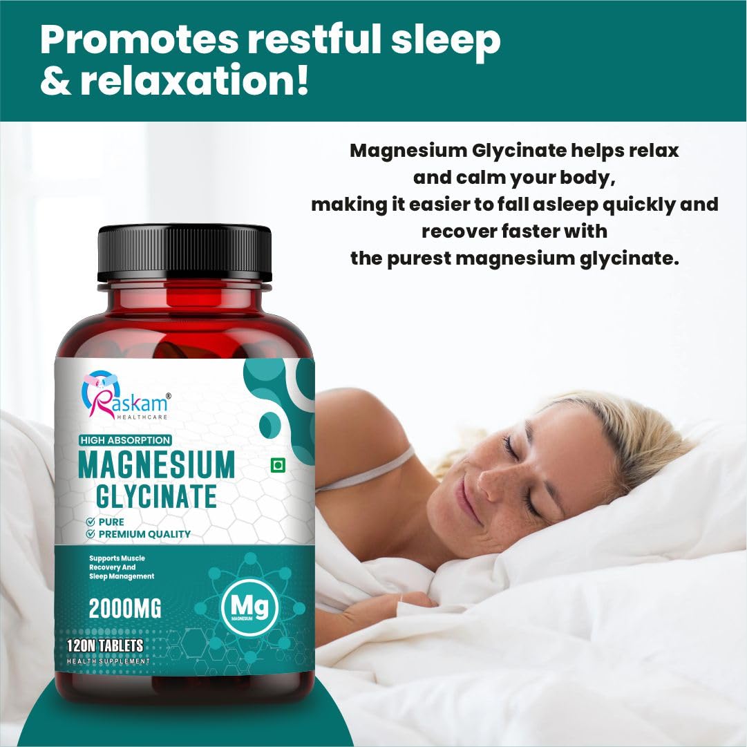 Bottle of magnesium glycinate supplement with a person sleeping in the background, promoting restful sleep and relaxation.