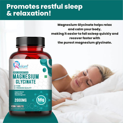 Bottle of magnesium glycinate supplement with a person sleeping in the background, promoting restful sleep and relaxation.