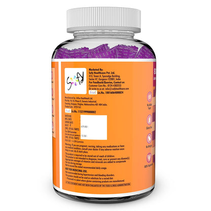 Back view of a supplement bottle with an orange label on a white background