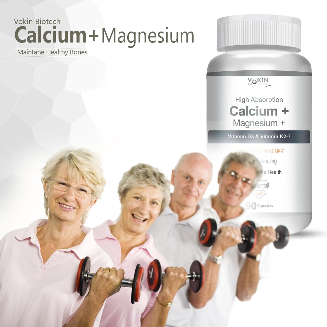 Vitamin supplement bottle labeled 'Calcium + Magnesium' with people lifting weights in the background.