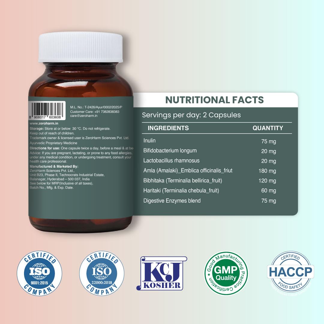 ZEROHARM Gas Relief Capsules | Ayurvedic Pre‑Probiotic & Digestive Enzymes Blend with Triphala (Amla, Haritaki, Bibhitaki) | Eases Digestion, Bloating, Gas Relief & Acidity | Men & Women | 60 Capsules