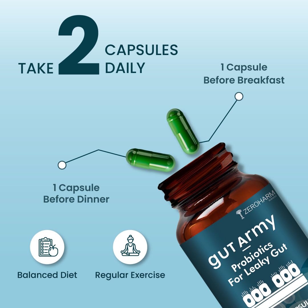 ZEROHARM Gut Army Probiotics For Leaky Gut | Gut Repair Supplements for Men & Women | L Reuteri, Lactobacillus | Supports Gastrointestinal Lining, Gut Cleanse & Digestion | 60 Veg Capsules