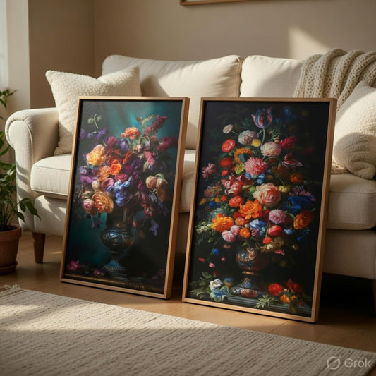 Vintage Floral Vase Wall Painting Set of 2 with Wooden Frames | Classic Flower Bouquet Artwork HD Sparkle Laminated MDF Wall Decor | Elegant Botanical Wall Art for Living Room Bedroom