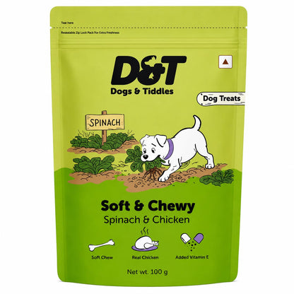 Dogs & Tiddles Spinach & Real Chicken Dog Treats for Puppies & Adult Dogs, 100g | Soft & Chewy Puppy Treats | Easily Digestible and Healthy| Tasty Training Treats and Dog Snacks
