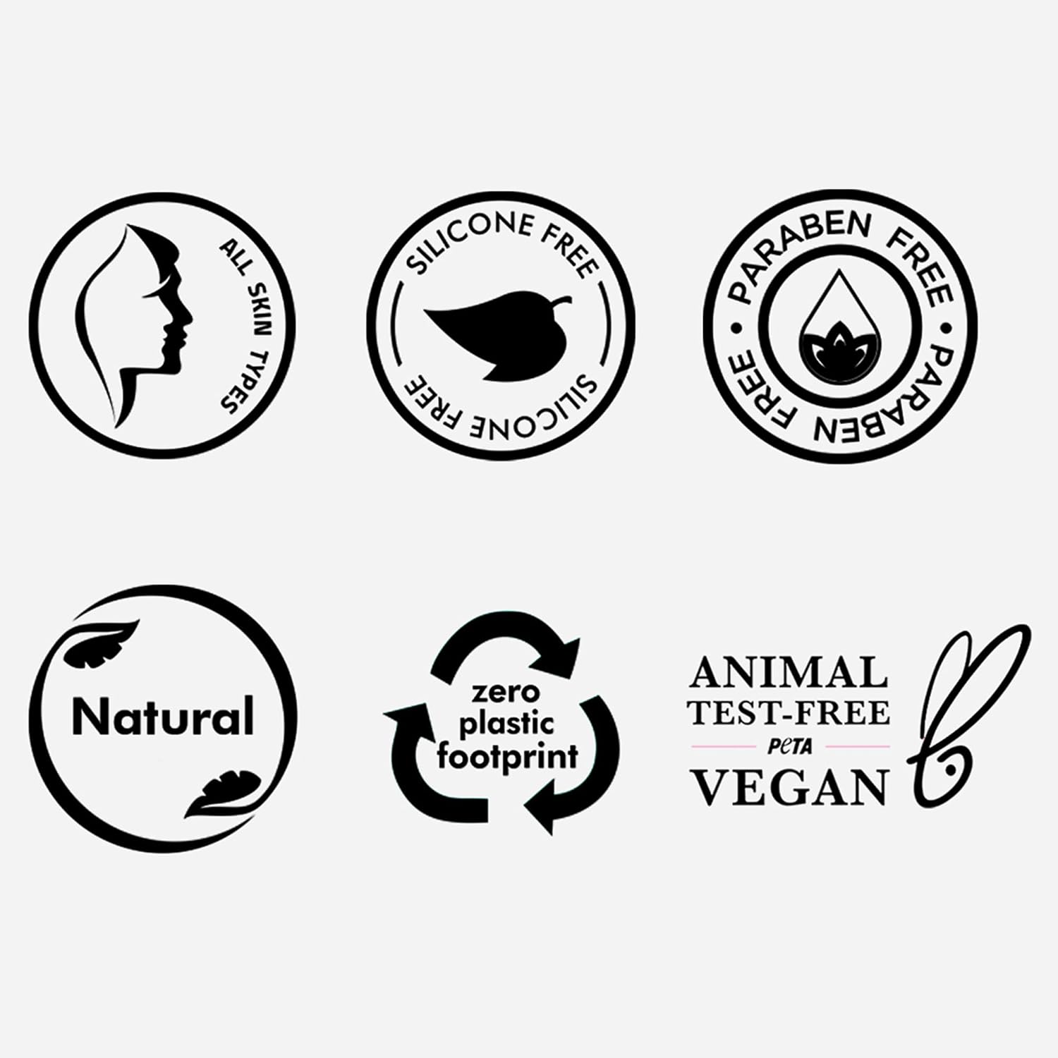 Set of black and white icons indicating product features such as 'All Skin Types', 'Silicone Free', 'Paraben Free', 'Natural', 'Zero Plastic Footprint', and 'Vegan'.