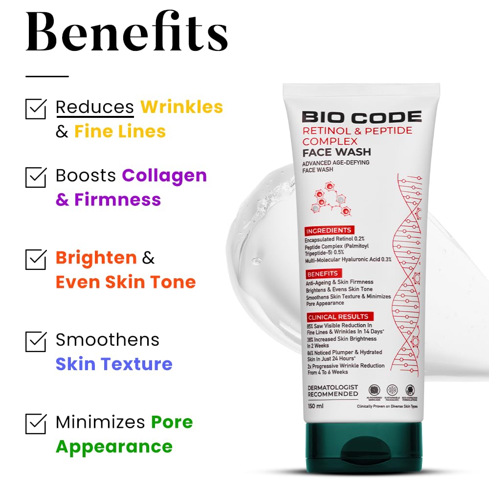 Bio Code 0.2% Encapsulated Retinol Anti-Ageing Face Wash (150ml) – with 0.5% Peptide Complex & 0.3% Multi-Molecular Hyaluronic Acid | AI-Enhanced & Dermatologist Recommended