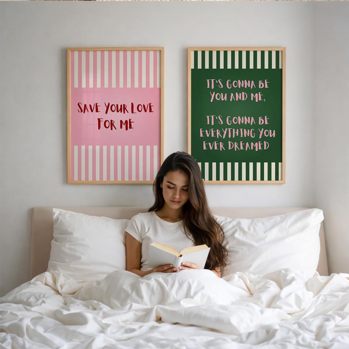 Aesthetic Quote Wall Art Set of 2 Framed Paintings | Pink Green Striped Typography Poster | Couple Bedroom Living Room Home Décor (Art 5, 10x13 Inches)