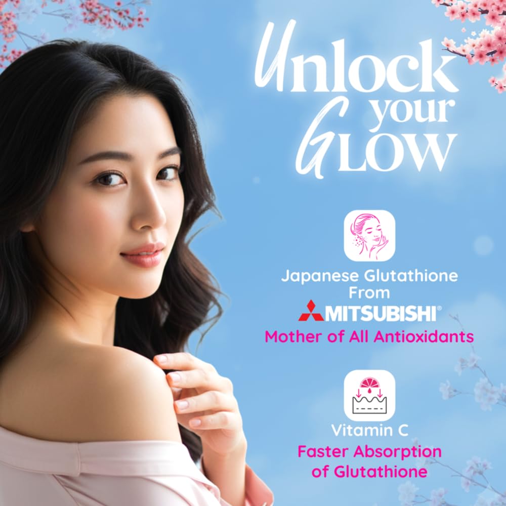 Advertisement for Japanese Glutathione from Mitsubishi with a woman against a blue background with cherry blossoms.