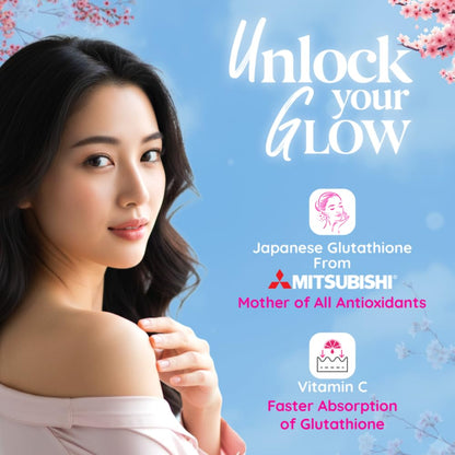 Advertisement for Japanese Glutathione from Mitsubishi with a woman against a blue background with cherry blossoms.