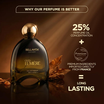 BELLAVITA OUD LUMIERE | Dubai Crafted | Perfume For Man | 100ml | 25% Oil Concentration | Oud, Leather, Sandalwood | Premium Long Lasting Perfume
