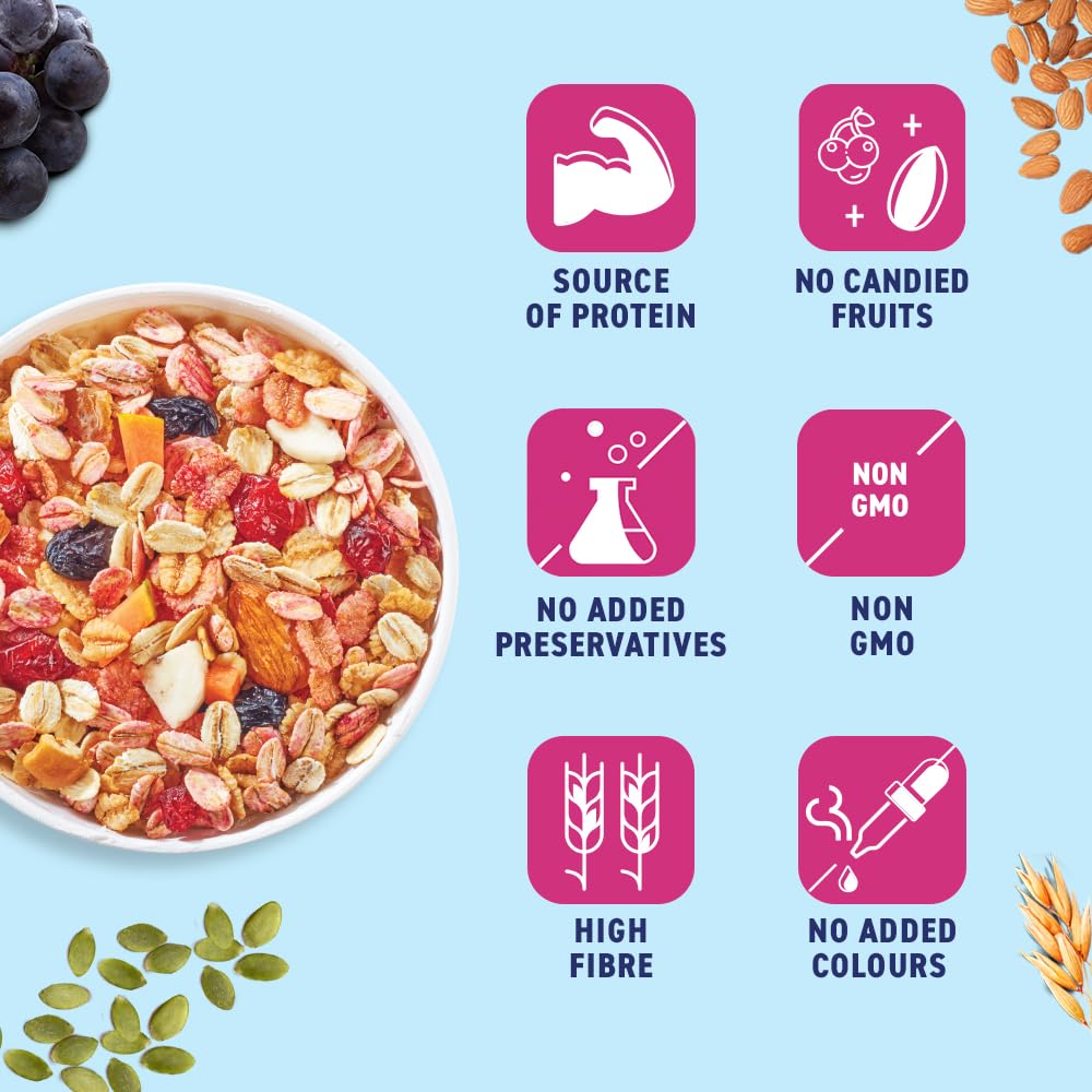 Bagrry’s No Added Sugar Muesli with Fruits, Nuts & Seeds – 700g | High Fibre & Protein | 0% Added Sugar, No Corn Flakes | Whole Grain Breakfast Cereal with Almonds, Raisins, Pumpkin Seeds & Berries