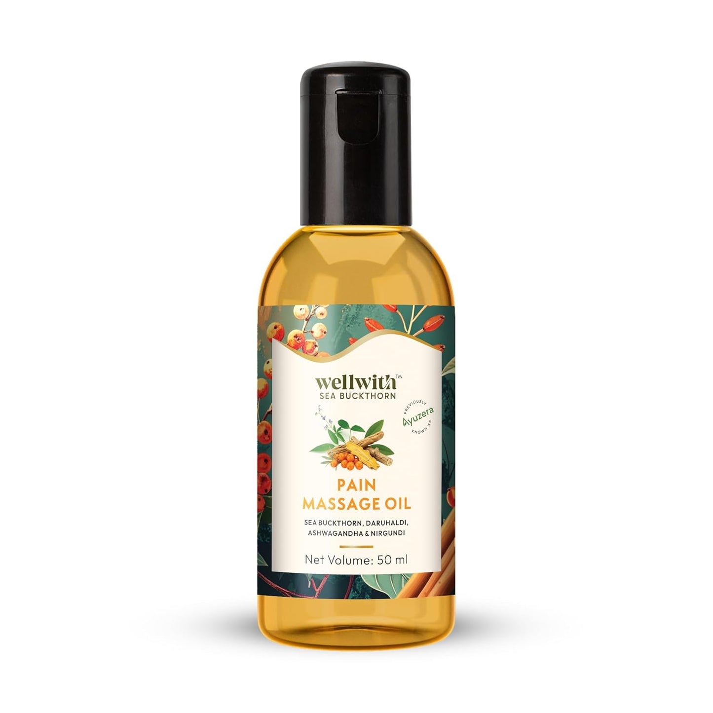 Wellwith(Ayuzera) Pain Massage Oil (50ml, Pack of 1) | Sea buckthorn oil, Bel, Ashwagandha, Til Oil, Daruhaldi, Camphor & Haldi | Supporting Easy Mobility, Fast-absorbing & Non-greasy & Ideal for Massages