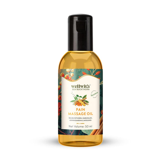 Wellwith(Ayuzera) Pain Massage Oil (50ml, Pack of 1) | Sea buckthorn oil, Bel, Ashwagandha, Til Oil, Daruhaldi, Camphor & Haldi | Supporting Easy Mobility, Fast-absorbing & Non-greasy & Ideal for Massages