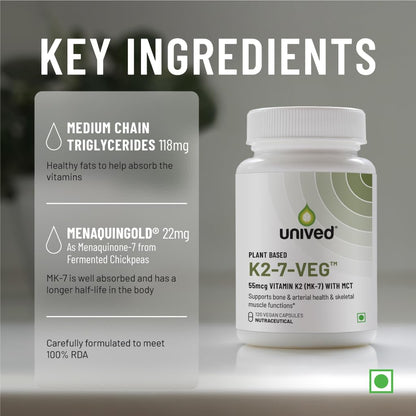 Zephivo Unived Vitamin K2-7 (MenaquinGold) 55mcg, Plant-Based Vitamin MK-7, For Optimal Calcium Absorption, Heart & Bone Health

