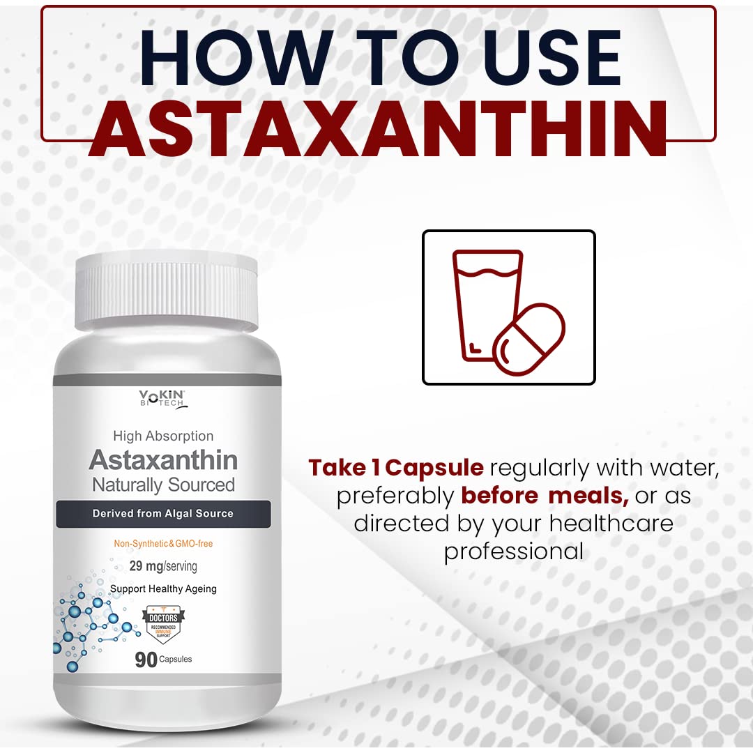 Yokin Astaxanthin supplement bottle with usage instructions on a white background