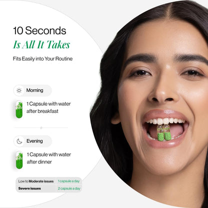 Woman with capsules in her mouth, promotional text about a daily routine, and green capsule graphics.