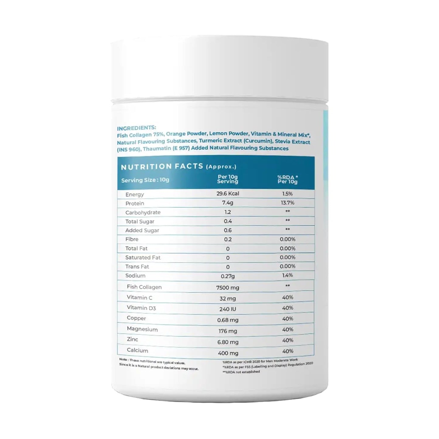 Nutritional supplement container with a label showing ingredients and nutrition facts.