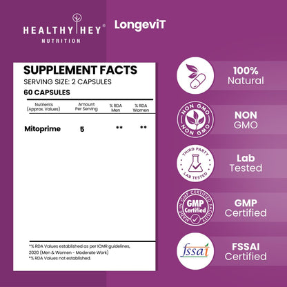 Supplement facts label and certification logos on a purple background for Healthy Hey Nutrition and LongeviT products.