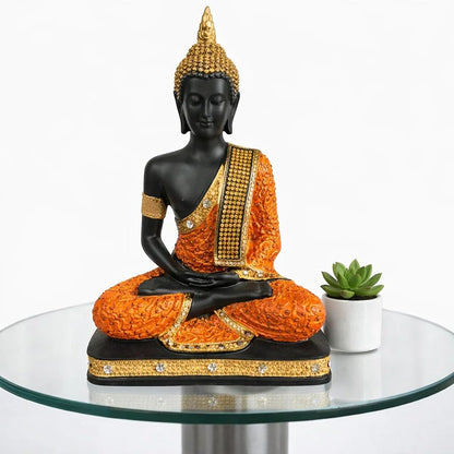 9 Inch Resin Meditating Buddha Statue | Handmade Decorative Idol for Home, Living Room, Office, Temple & Spiritual Decor | Black and Orange Gold Murti for Peace, Vastu & Gifting