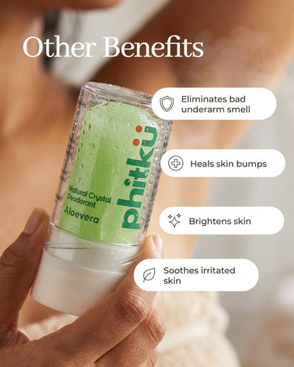 Phitku Crystal Roll On with Aloe Vera | Natural Alum | Brightens Dark Underarms, Kills Bacteria | Fragrance-Free & Alcohol Free | Men & Women | 100g