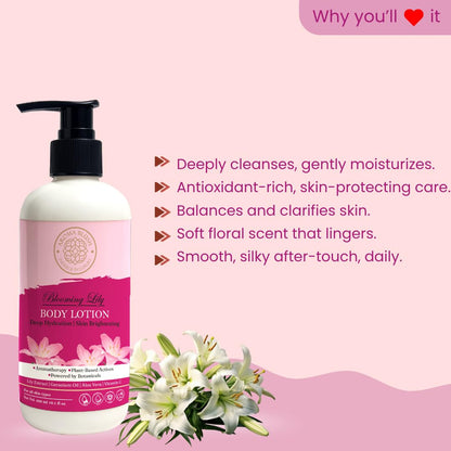 Body lotion bottle with pink label on a pink background, featuring text about product benefits.
