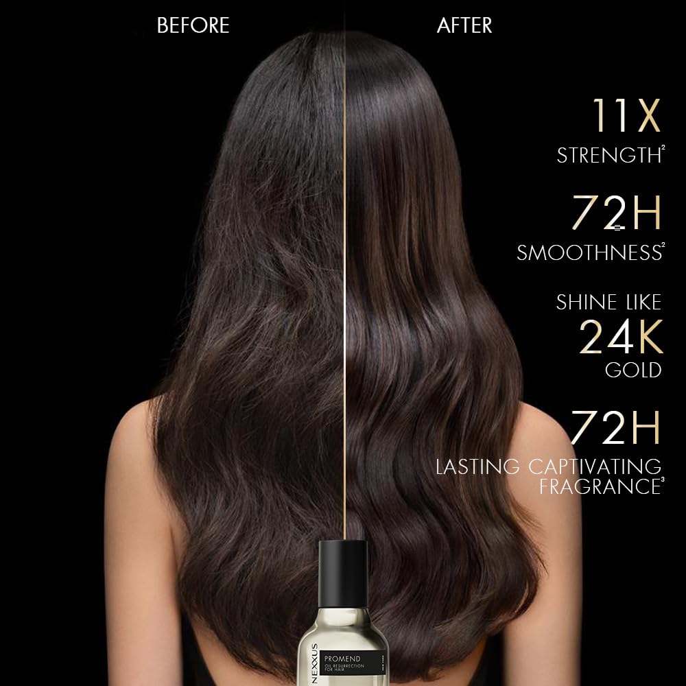 Before and after comparison of hair with a product bottle, highlighting features like strength and smoothness.