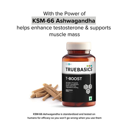 TrueBasics T-Boost,Testosterone Supplement For Men|With Ksm 66 Ashwagandha,Safed Musli,Gokshura,& Ginseng|For Energy,Stamina & Muscle Strength,1 Count,120 Capsules