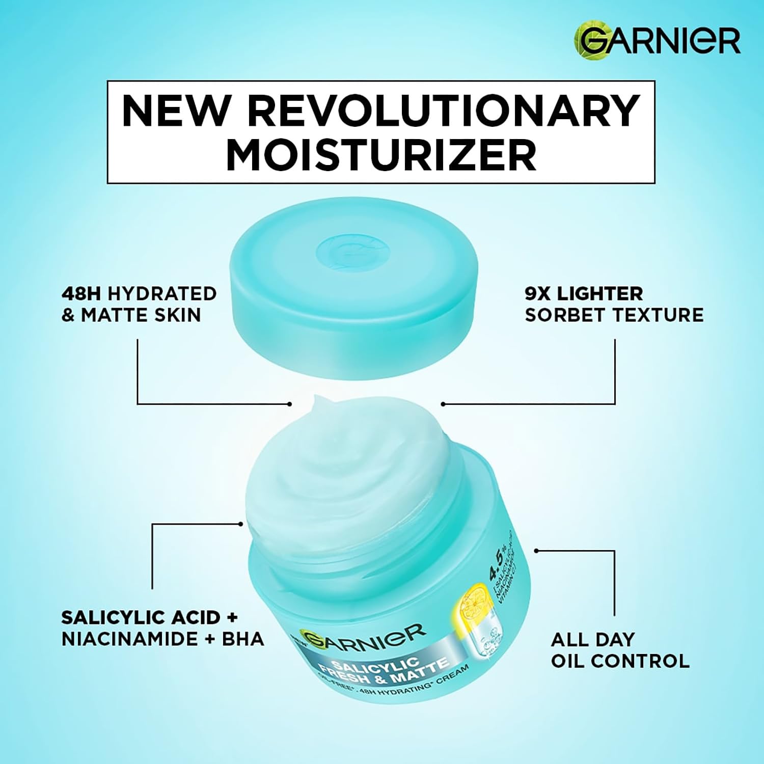 Garnier moisturizer jar with features highlighted on a blue background