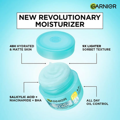 Garnier moisturizer jar with features highlighted on a blue background