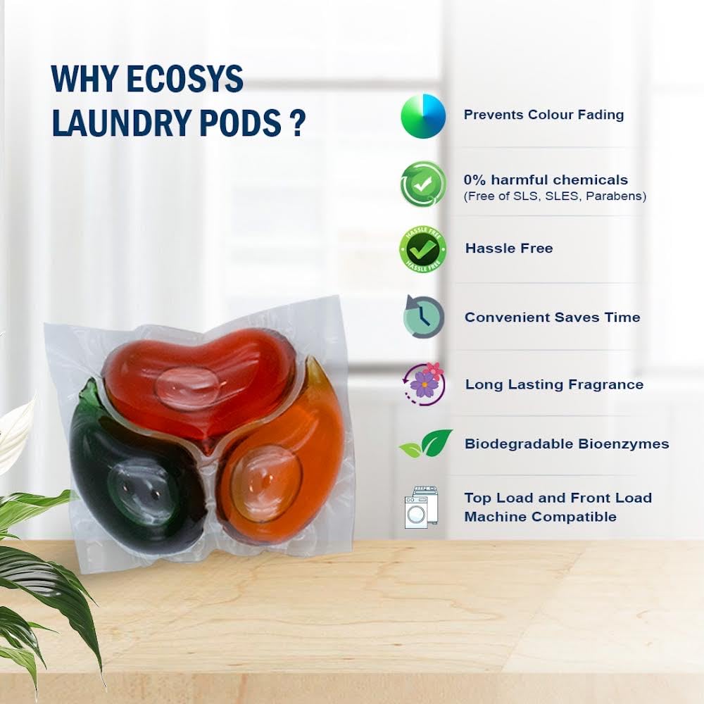Ecosys 3-in-1 Dissolvable Magic Laundry Pods for 20 washes:Bioenzymes Infused,Tough Stain Fighter for Top & Front Load with Floral Aroma,1 Pod = 1 Wash for 5-7kg