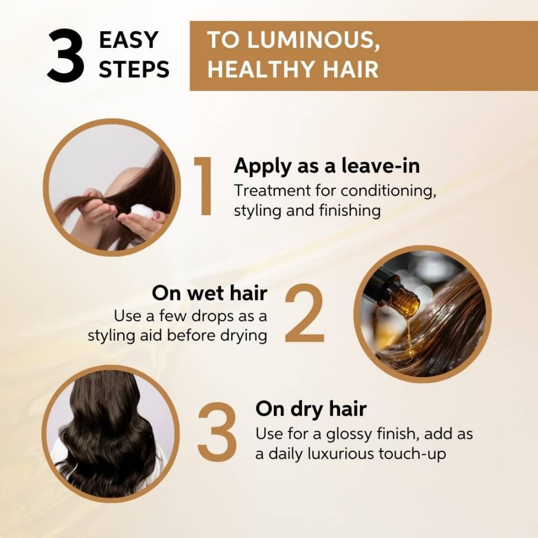 Instructions for using a hair care product with step-by-step guidance on application.
