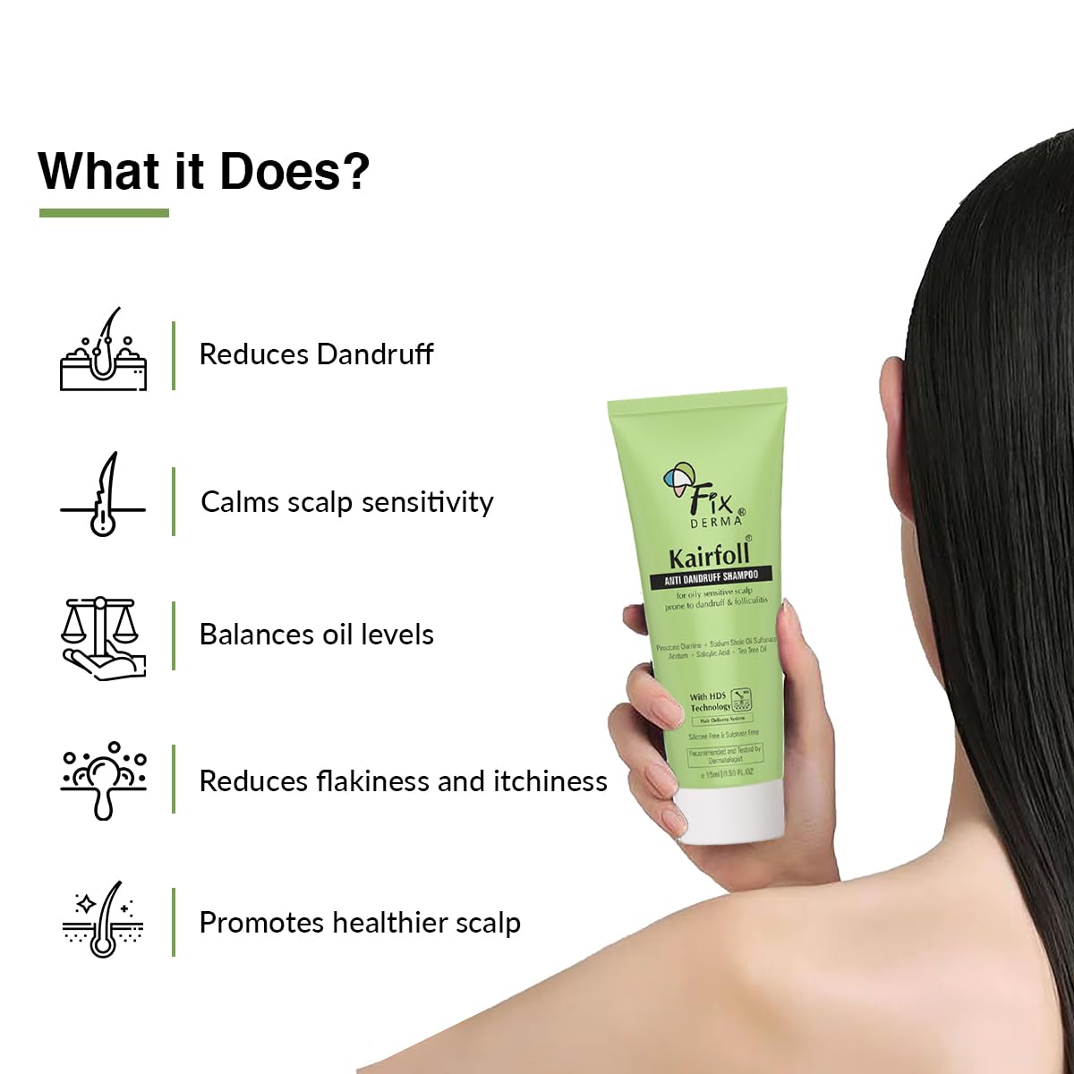 Fixderma Kairfoll Anti Dandruff Shampoo for Oily Sensitive Scalp Prone to Dandruff & Folliculitis | Anti Dandruff Shampoo for Women & Men | 2% w/w Salicylic Acid for Hair Fall Shampoo - 15 ml