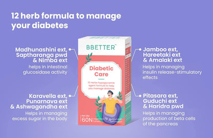 BBETTER Diabetic Care - Lab Tested Ayurvedic Medicine With Karela Jamun Gurmur Saptaranga And More To Manage Diabetes and Blood Glucose Level 60 Veg Capsules