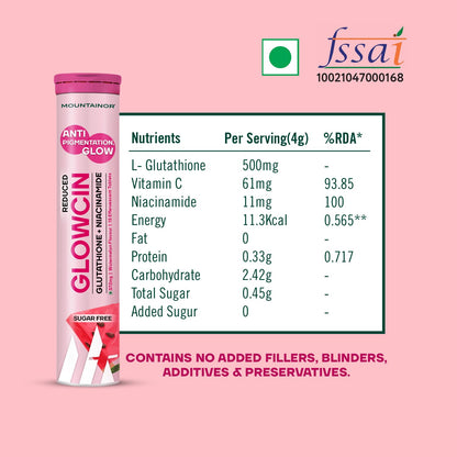 MOUNTAINOR Glutathione Tablets for Skin Brightening & Korean Glow. Fights Pigmentation & Dullness, Clinically Proven Ingredients-Niacinamide & Vit C Helps reduce Melanin, Clearance Healthy & Radiant Skin, Sugar-free Pack of 1 ( 15 Tablets)