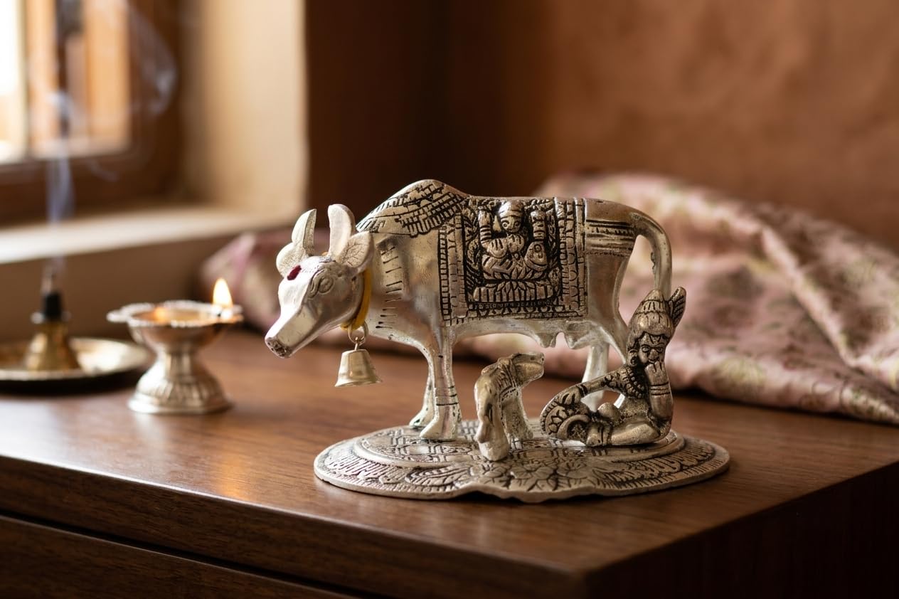 KridayKraft Kamdhenu Cow and Calf with Krishna Idol, Silver-Plated Decorative Showpiece for Home Decor and Gift, 14 x 11 cm X 10 cm, 350 g