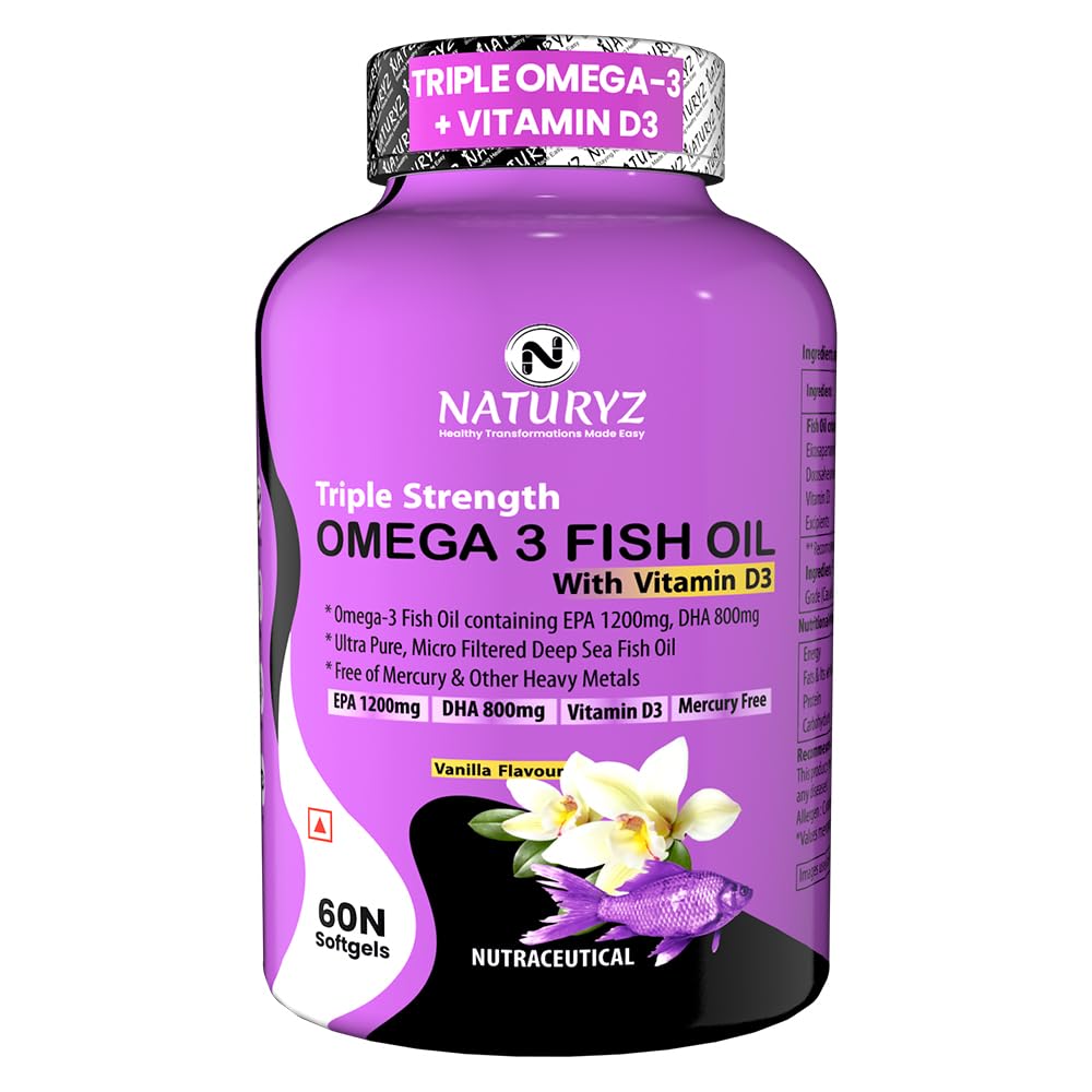 Purple bottle of Naturyz Omega 3 Fish Oil with Vitamin D3 on a white background