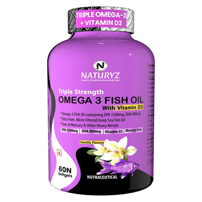Purple bottle of Naturyz Omega 3 Fish Oil with Vitamin D3 on a white background