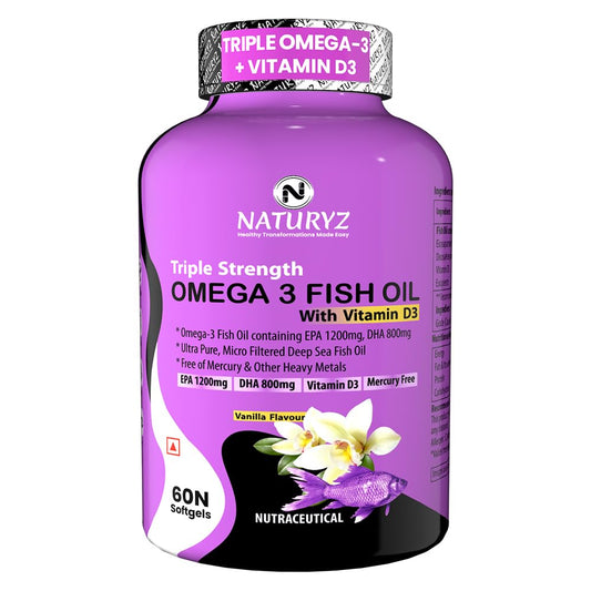 Purple bottle of Naturyz Omega 3 Fish Oil with Vitamin D3 on a white background