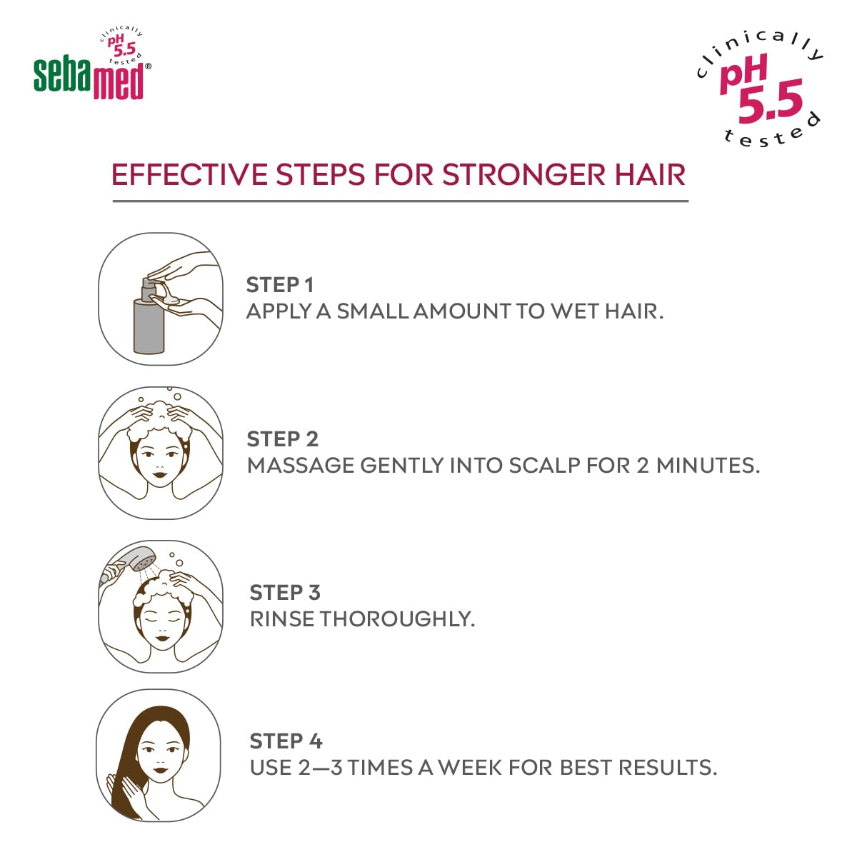 Sebamed hair care product usage instructions on a white background