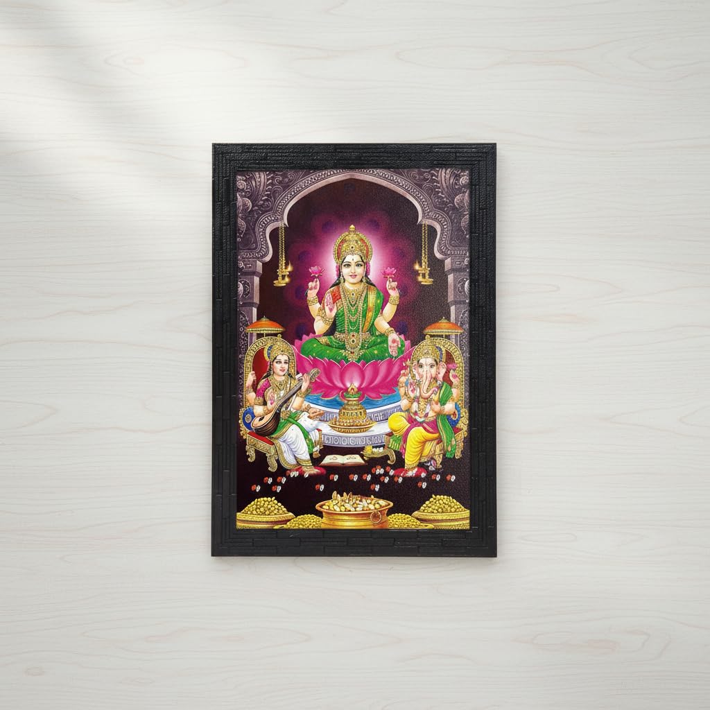 Lakshmi With Ganesha and Saraswati Photo Painting with Wooden Frame Black for Temple - (14 x 12 Inches)