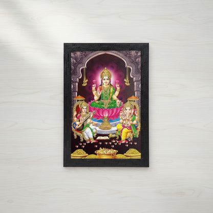 Lakshmi With Ganesha and Saraswati Photo Painting with Wooden Frame Black for Temple - (14 x 12 Inches)