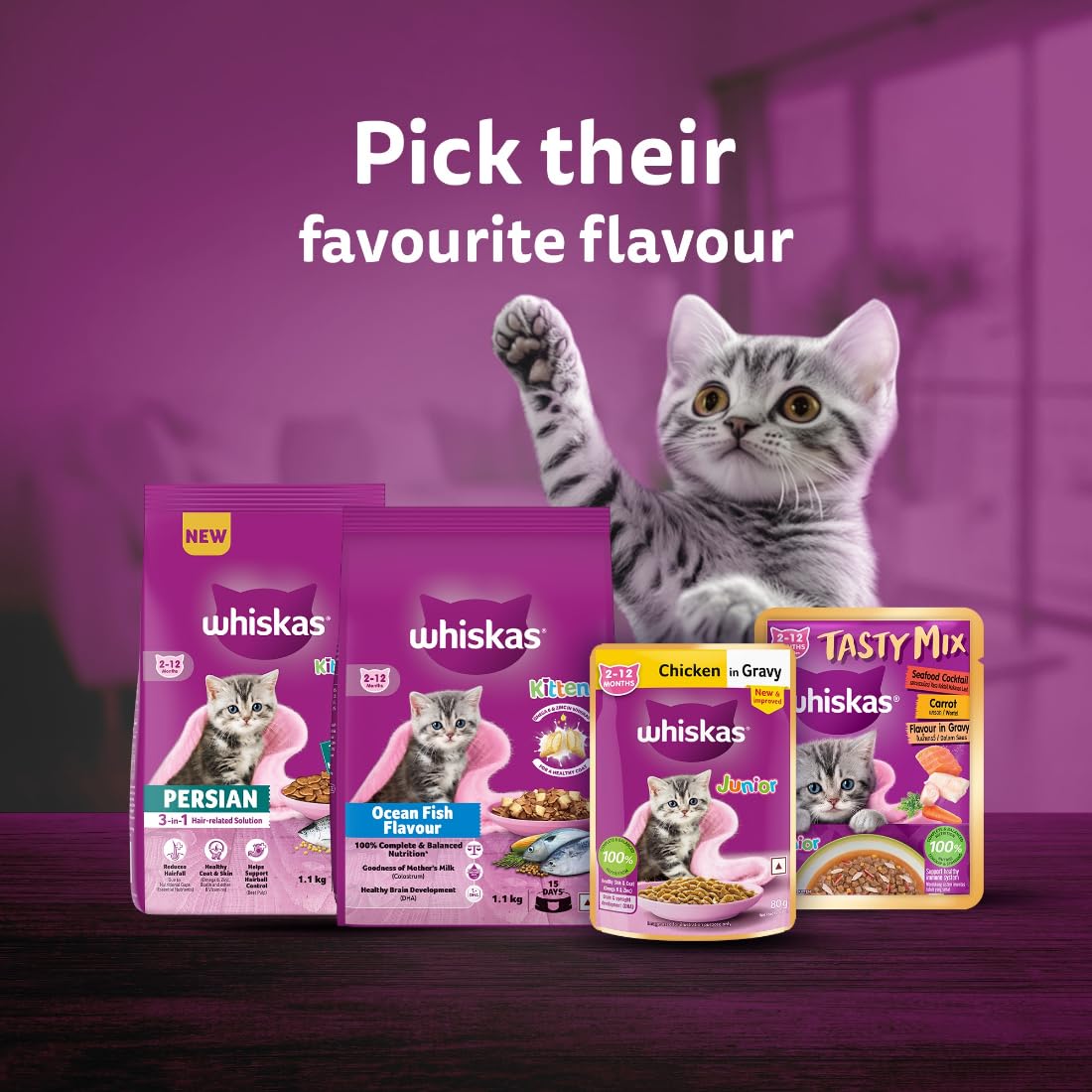 Whiskas Tasty Mix Kitten (2-12 Months) Wet Cat Food, Chicken, Tuna with Sweet Potato in Gravy, 70 g, 100% Complete & Balanced Nutrition for Kittens