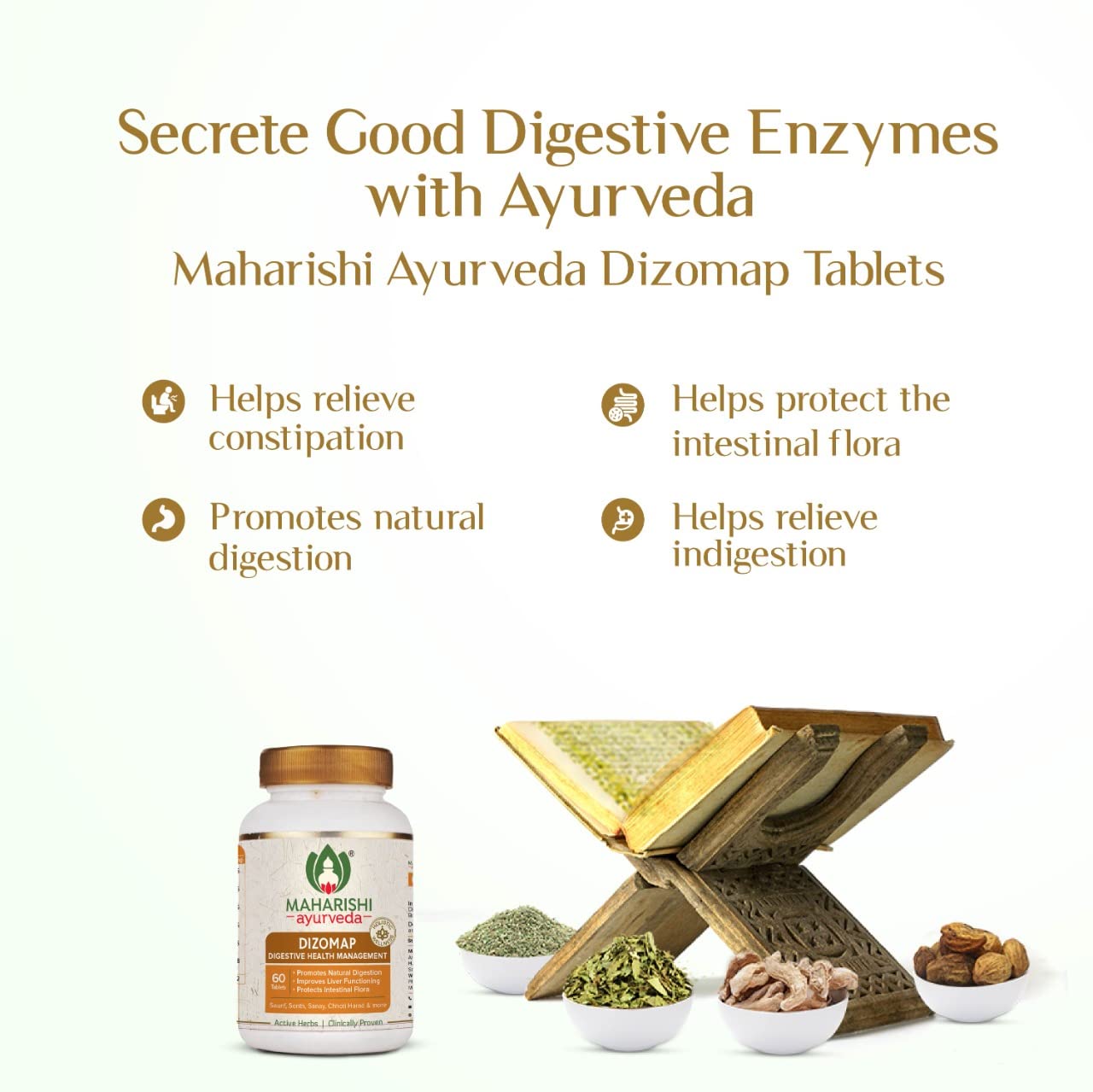 Zephivo Maharishi Ayurveda Dizomap, Ayurvedic Tablet Medicine For Indigestion & Constipation, Improves Liver Functioning & Intestinal Flora, Saunf, Sonth, Sanay & Chhoti Harad, 60 Tablets
